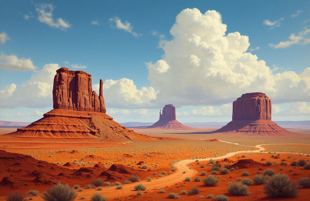 A landscape painting of Monument Valley in the style of Frederick Remington, capturing the majestic and rugged beauty of the iconic American West