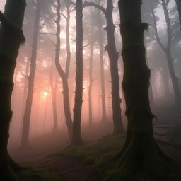 A mysterious foggy forest at dawn, with ethereal light filtering through the trees