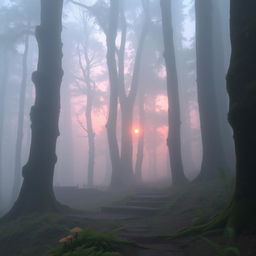 A mysterious foggy forest at dawn, with ethereal light filtering through the trees