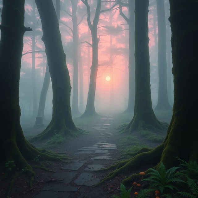 A mysterious foggy forest at dawn, with ethereal light filtering through the trees