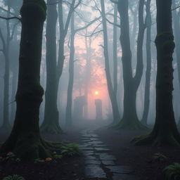 A mysterious foggy forest at dawn, with ethereal light filtering through the trees