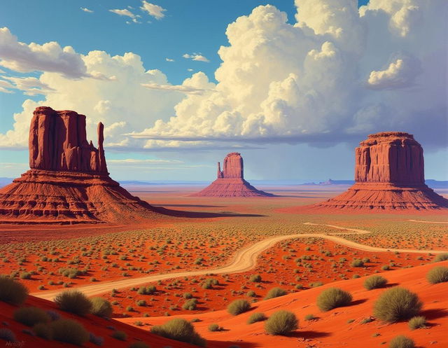 A landscape painting of Monument Valley depicted in the style of Frederick Remington