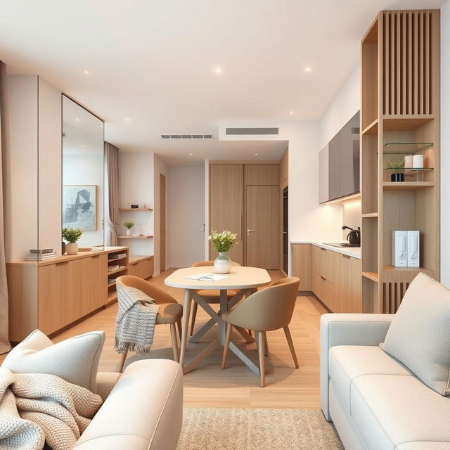 A smart and efficient interior design for a small apartment, maximizing space with modern and sleek furniture