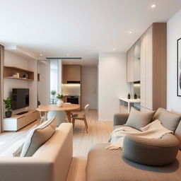 A smart and efficient interior design for a small apartment, maximizing space with modern and sleek furniture