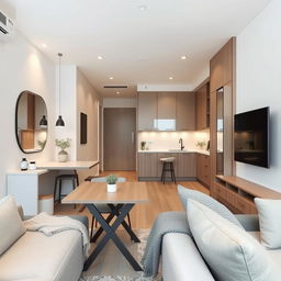 A smart and efficient interior design for a small apartment, maximizing space with modern and sleek furniture