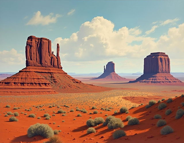 A landscape painting depicting the iconic Monument Valley in the style of Frederick Remington