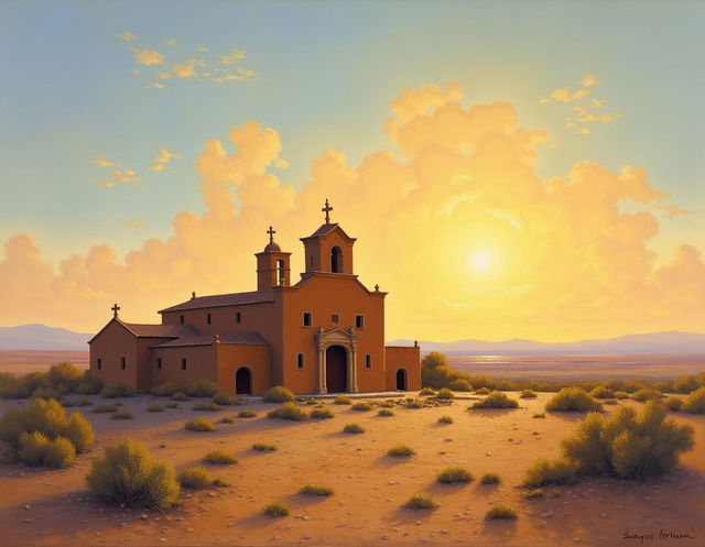 A landscape painting of the Socorro Mission in Socorro, Texas, crafted in the style of Frederick Remington