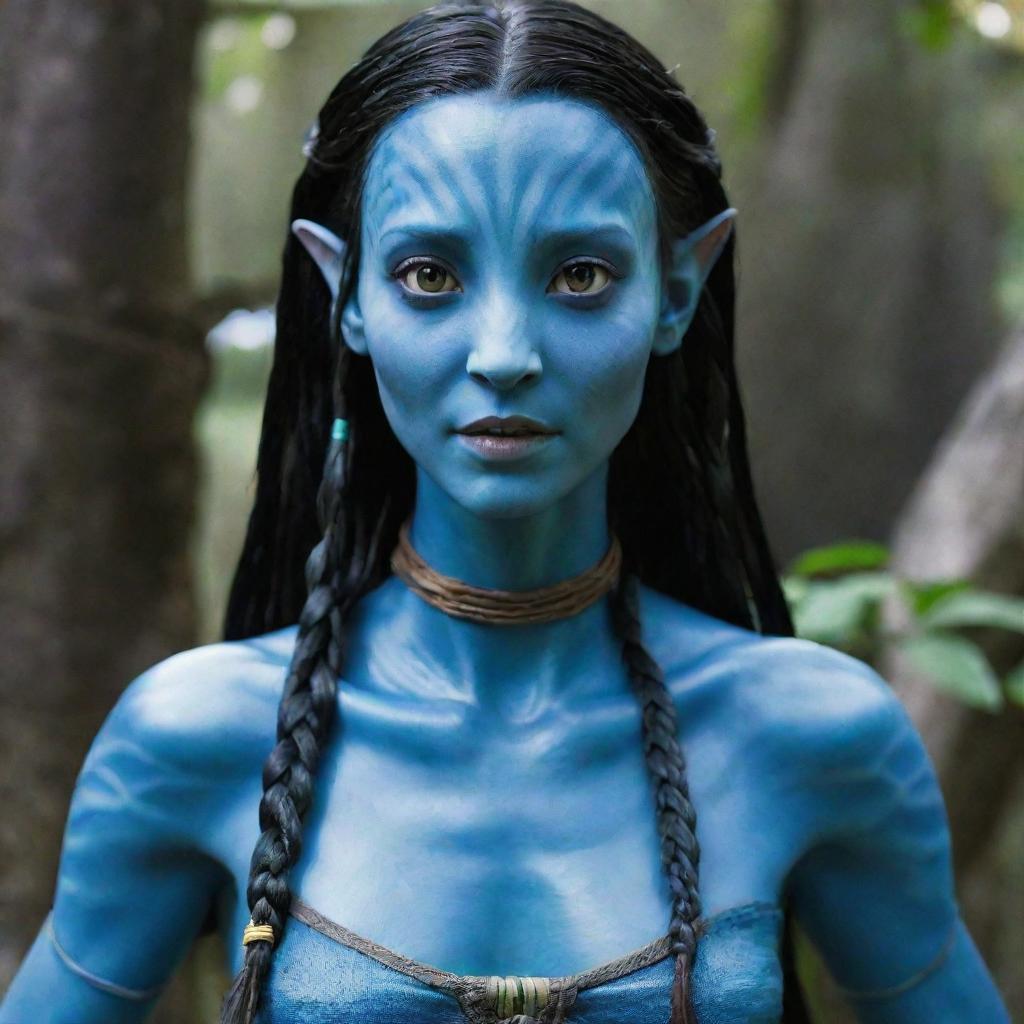 The previous female Navi from the Avatar movie now possesses uniquely slanted, expressive eyes and distinctly messy long braids, adding an extra layer of mystery and allure to her radiant blue skin and agile form.