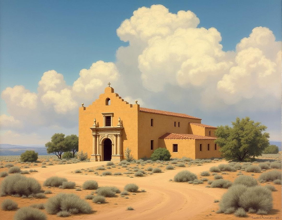 A landscape painting of the historic Socorro Mission in Socorro, Texas, depicted in the distinctive style of artist Frederick Remington