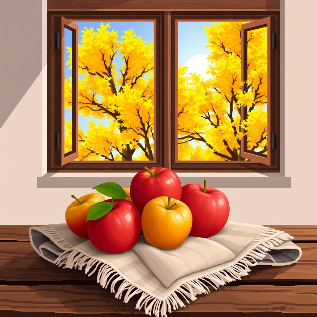 A charming still life in pixel art style showcasing a cozy autumn scene