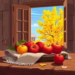 A charming still life in pixel art style showcasing a cozy autumn scene