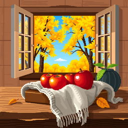 A charming still life in pixel art style showcasing a cozy autumn scene