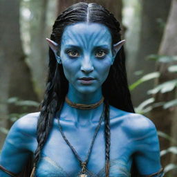 The previous female Navi from the Avatar movie now possesses uniquely slanted, expressive eyes and distinctly messy long braids, adding an extra layer of mystery and allure to her radiant blue skin and agile form.