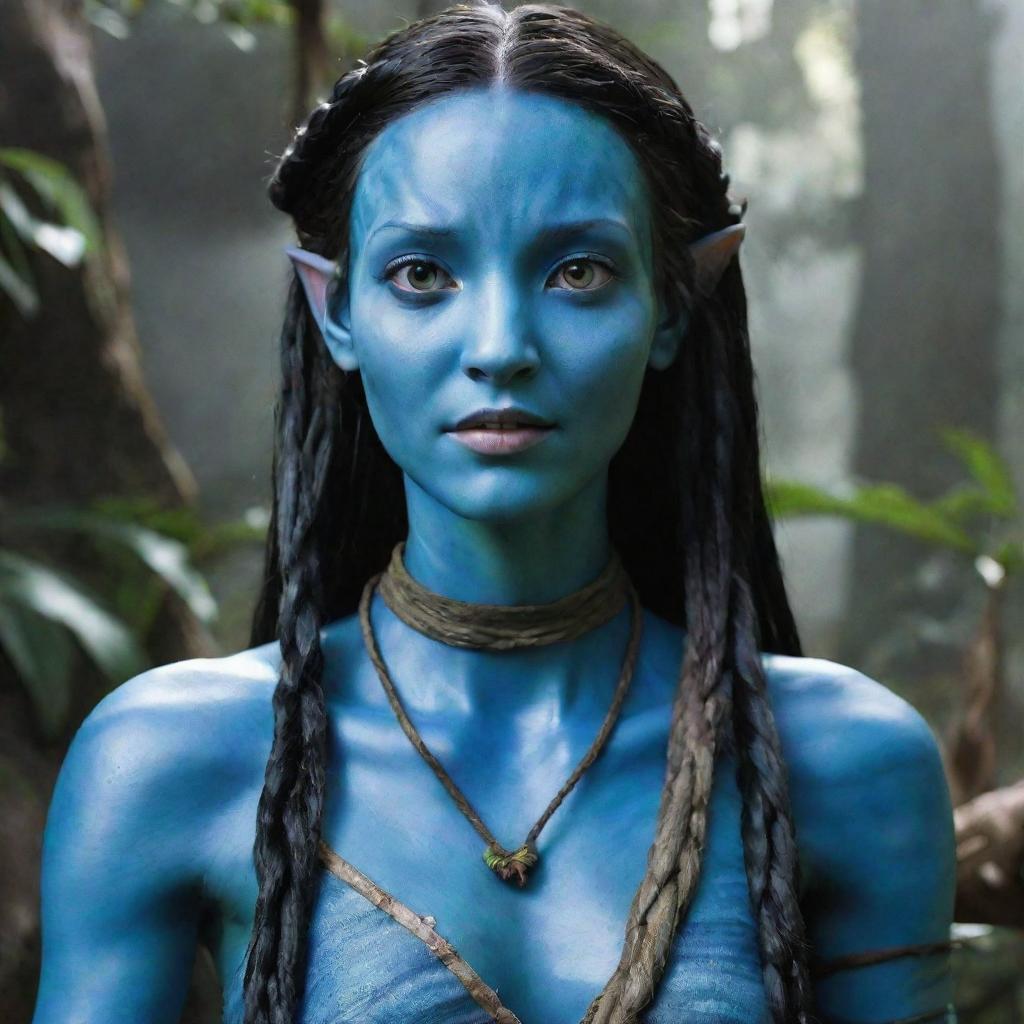 The previous female Navi from the Avatar movie now possesses uniquely slanted, expressive eyes and distinctly messy long braids, adding an extra layer of mystery and allure to her radiant blue skin and agile form.