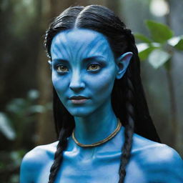 The previous female Navi from the Avatar movie now possesses uniquely slanted, expressive eyes and distinctly messy long braids, adding an extra layer of mystery and allure to her radiant blue skin and agile form.