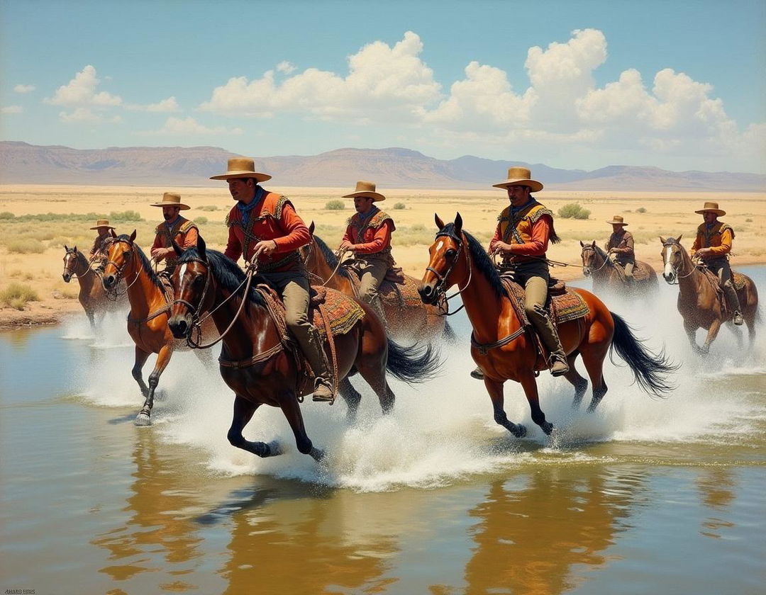 A dynamic painting portraying Don Juan De Oñate leading Spanish Conquistadores across the Rio Grande at El Paso del Norte, Texas in 1585