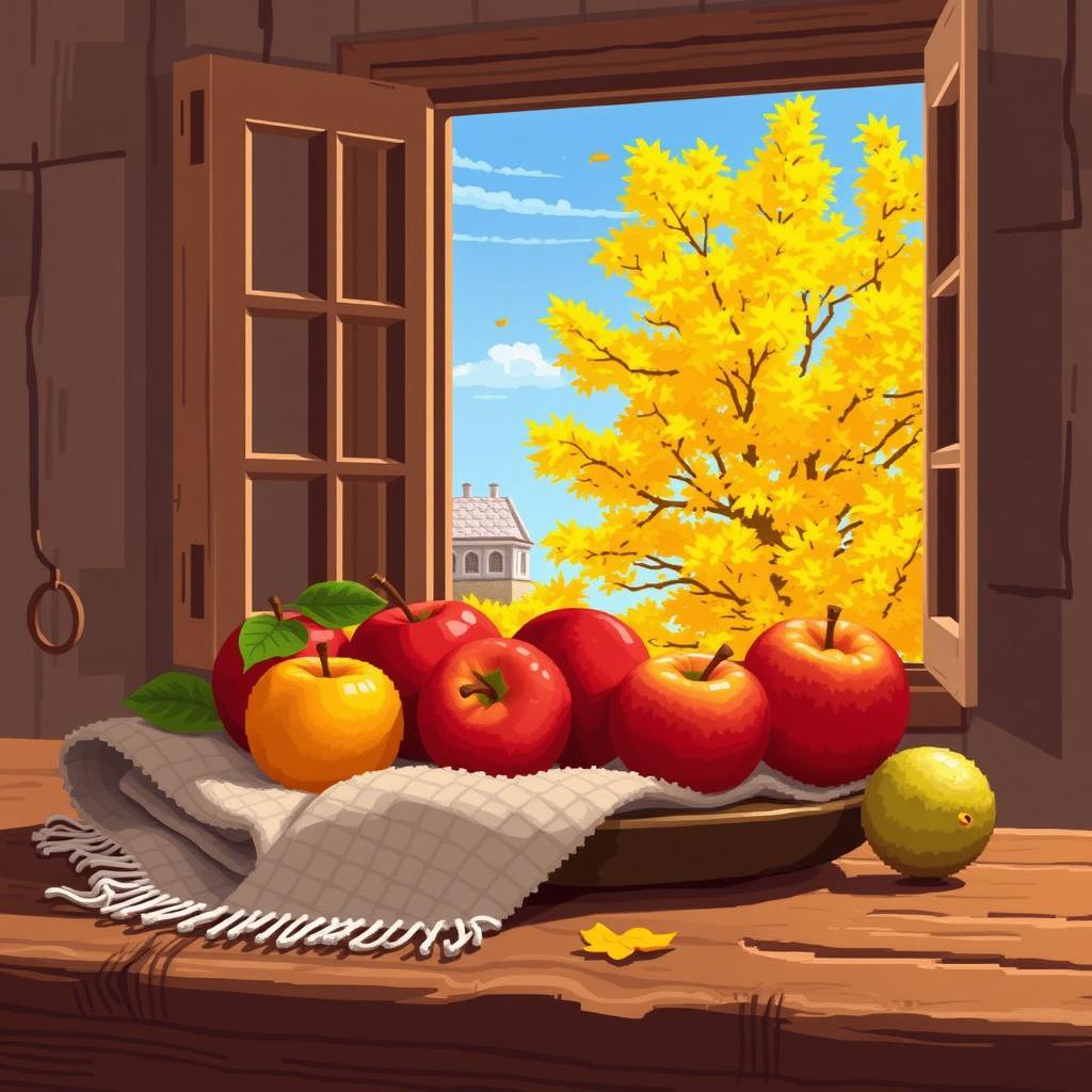 A captivating pixel art still life scene featuring apples and green grapes