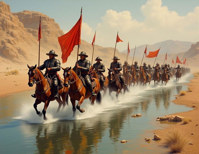 A historical painting depicting Spanish Conquistadores crossing the Rio Grande at El Paso del Norte, Texas in 1585