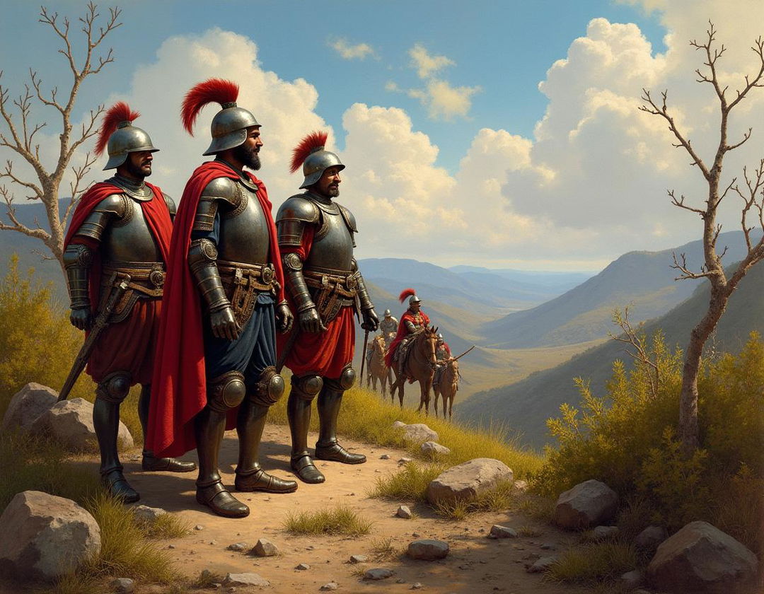 A historical painting depicting Spanish Conquistadores in Texas in 1585