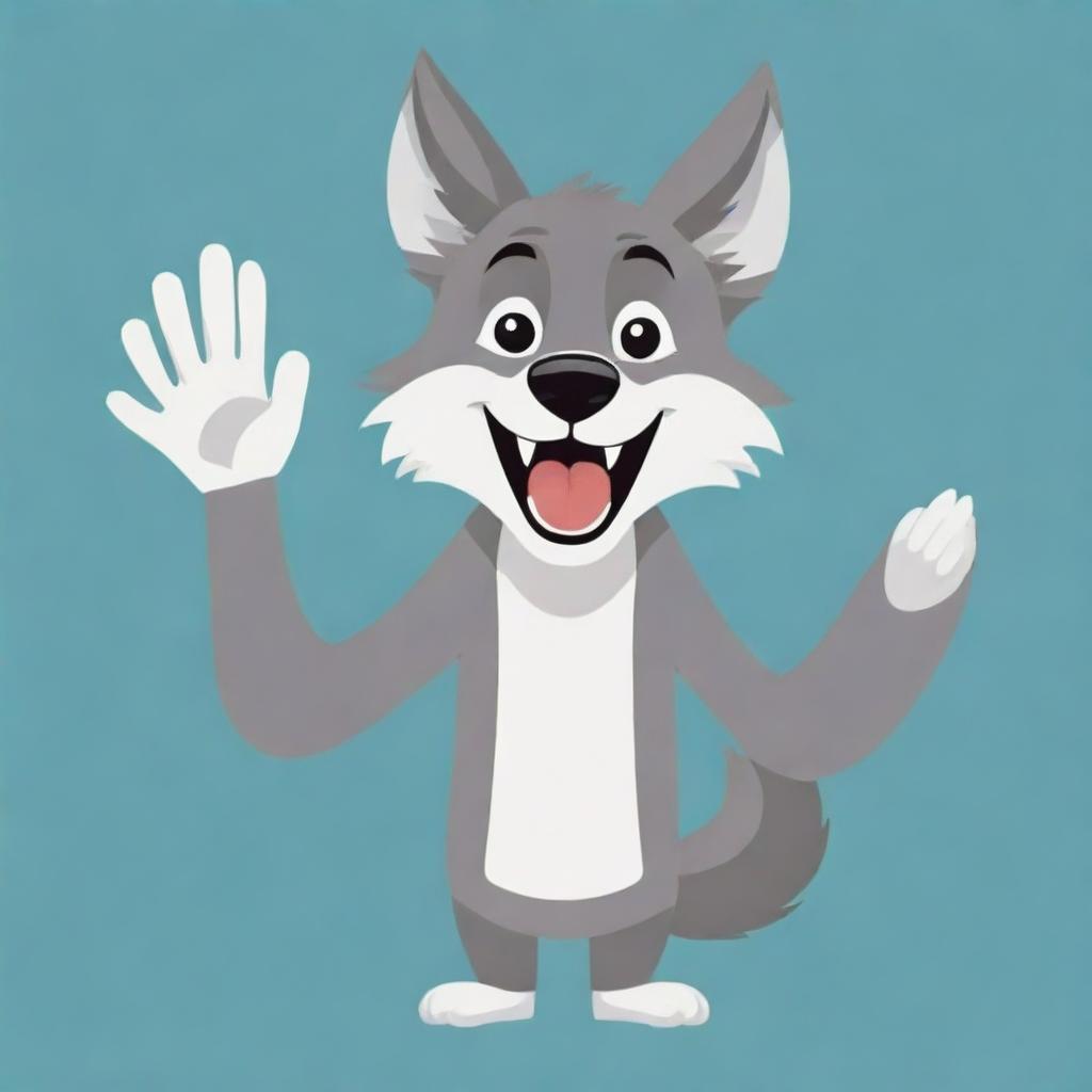 A friendly, cartoonish wolf, styled in modern vector art, waving its paw in a welcoming 'hi' gesture.