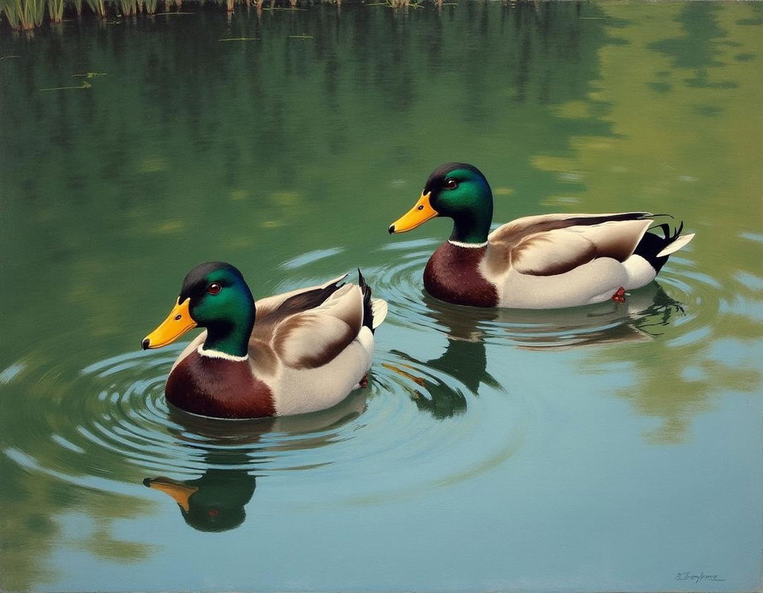 A painting of ducks gliding gracefully across a serene pond, depicted in the style of Winslow Homer