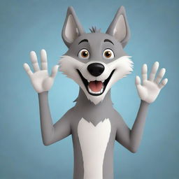 A friendly, cartoonish wolf, styled in modern vector art, waving its paw in a welcoming 'hi' gesture.