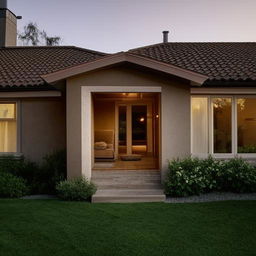 A cozy, welcoming home in the late afternoon with warm light filtering through the windows.