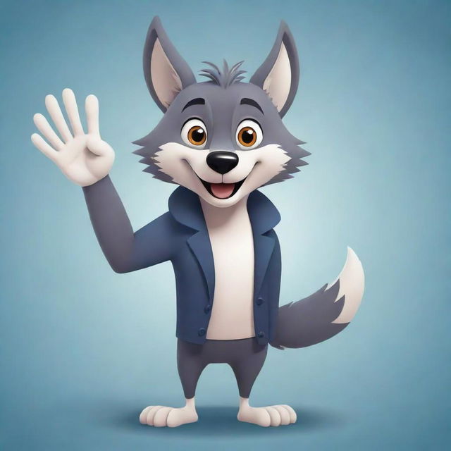 A friendly, cartoonish wolf, styled in modern vector art, waving its paw in a welcoming 'hi' gesture.