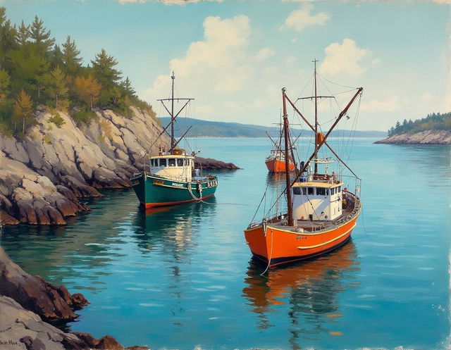 A painting depicting lobster boats anchored in Portland, Maine harbor, styled as if by Winslow Homer