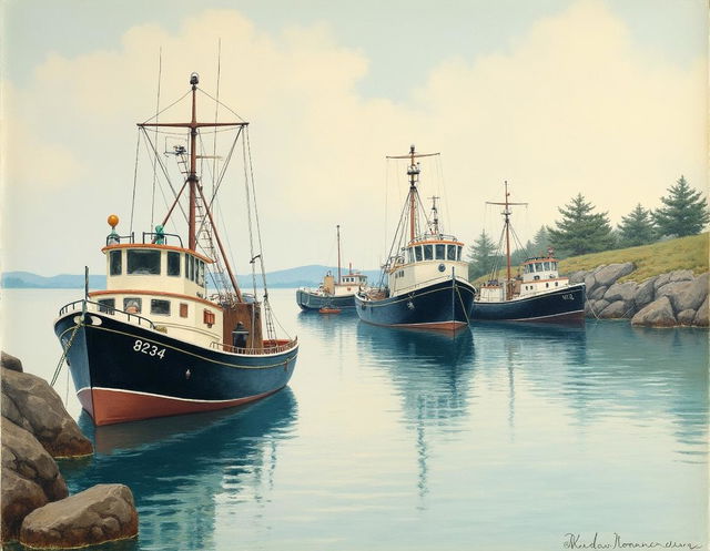 A painting of lobster boats anchored in Portland, Maine harbor, captured in the style of artist Winslow Homer