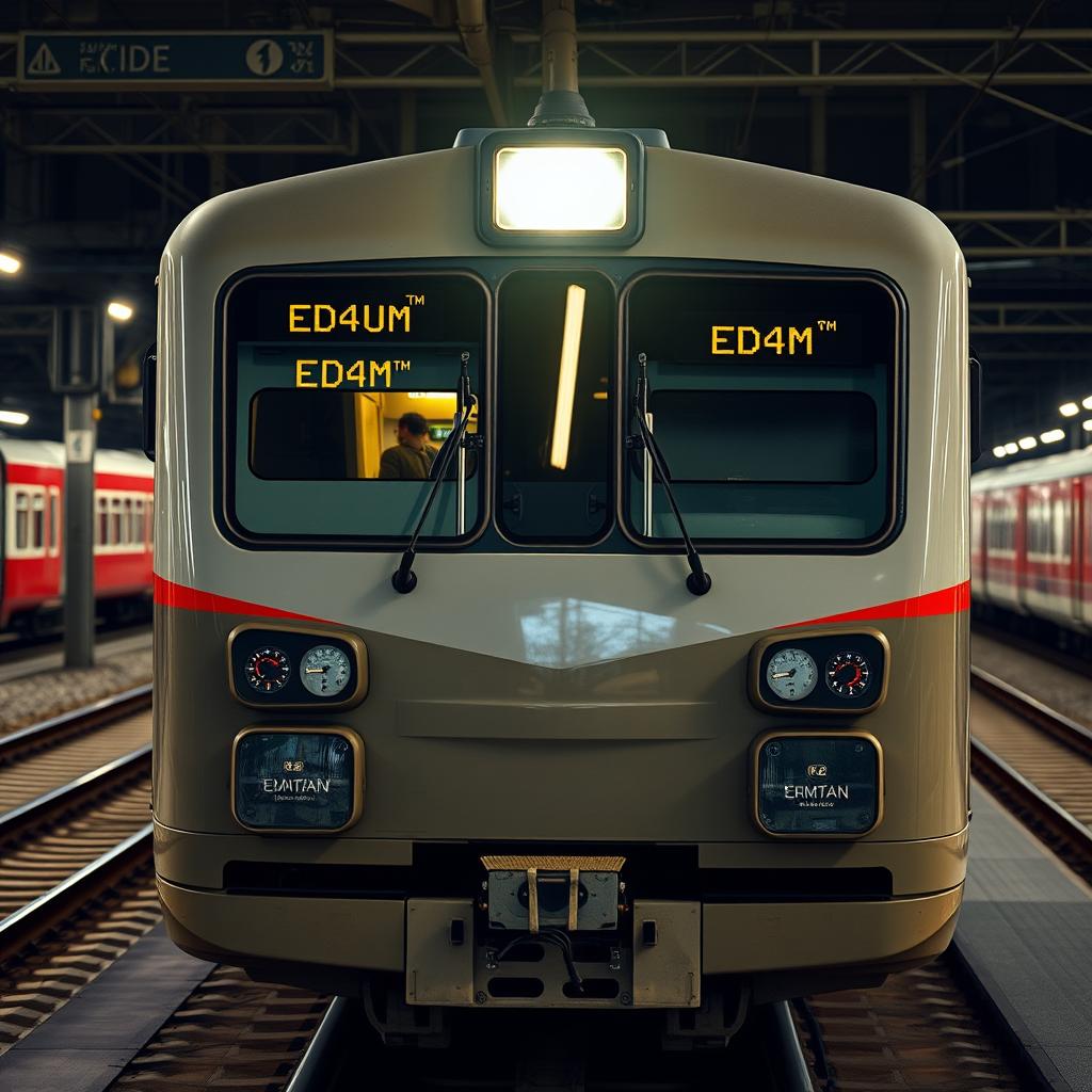 Electric train RZD ED4M with a gleaming white rail track, shining under the overhead lantern