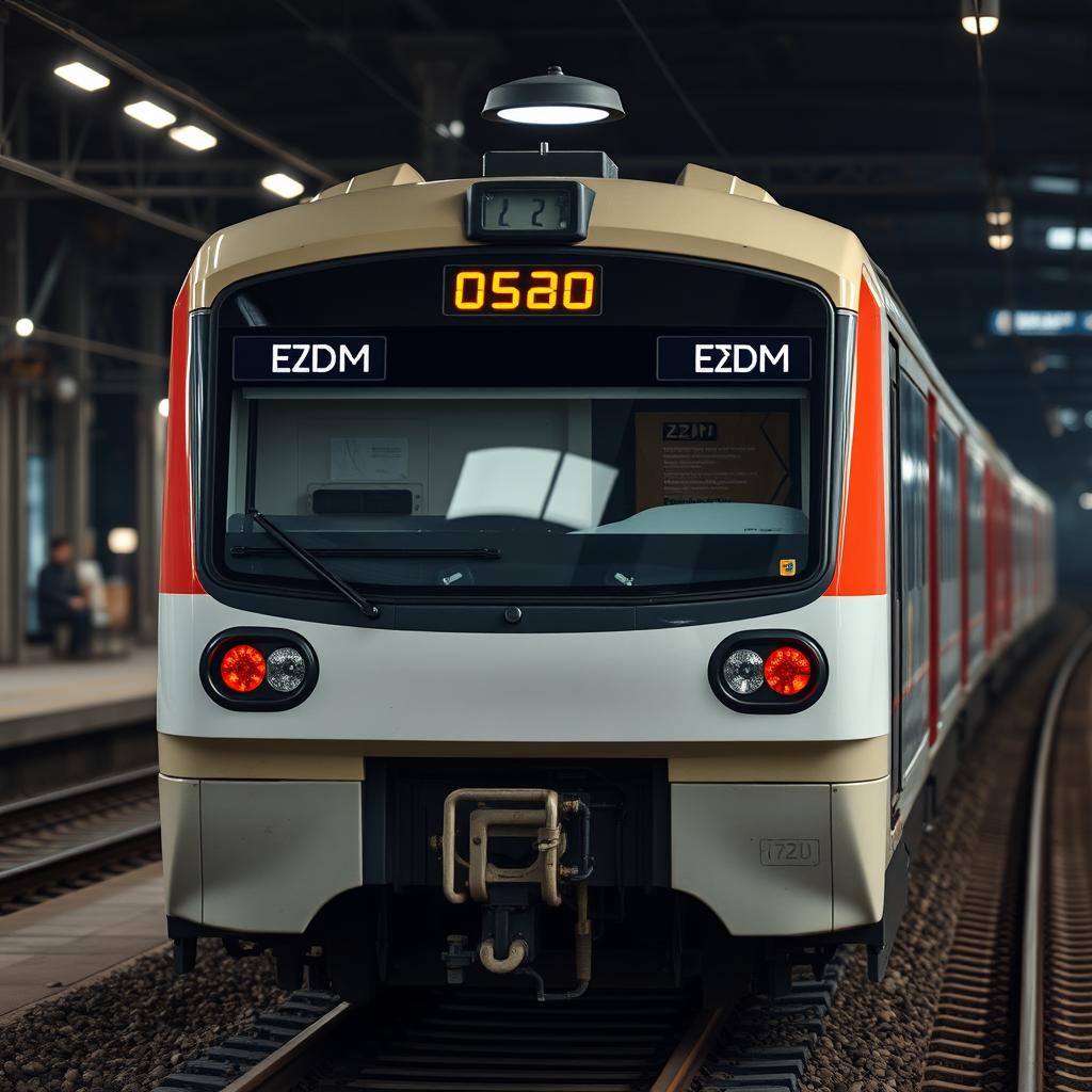 Electric train RZD ED4M with a gleaming white rail track, shining under the overhead lantern