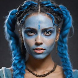 The described Navi woman, now with slanted, mystic eyes and extremely messy, unkempt braids that fly wildly, adding a rebellious charm to her character. Her radiant blue skin contrasts with her untamed hairstyle.