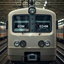 Electric train RZD ED4M with a gleaming white rail track, shining under the overhead lantern