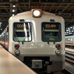 Electric train RZD ED4M with a gleaming white rail track, shining under the overhead lantern