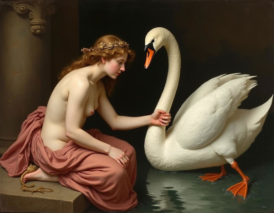 A painting depicting the myth of "Leda and the Swan" in the style of Leonardo da Vinci