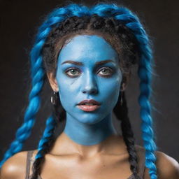 The described Navi woman, now with slanted, mystic eyes and extremely messy, unkempt braids that fly wildly, adding a rebellious charm to her character. Her radiant blue skin contrasts with her untamed hairstyle.