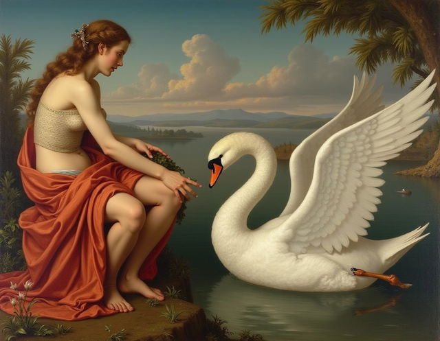 A classical painting depicting the myth of "Leda and the Swan," styled in the manner of Leonardo da Vinci