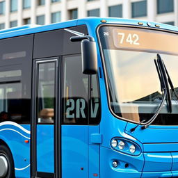 A blue articulated bus with an accordion joint, featuring two sections