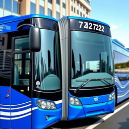 A blue articulated bus with an accordion joint, featuring two sections