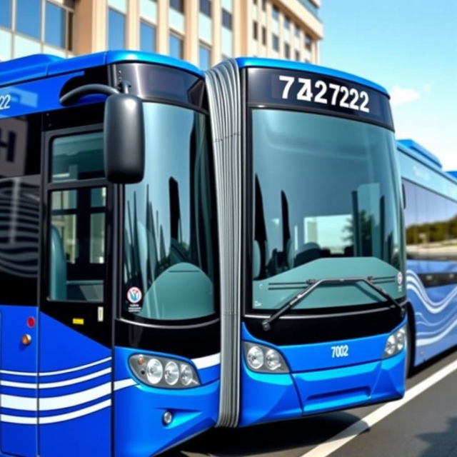 A blue articulated bus with an accordion joint, featuring two sections