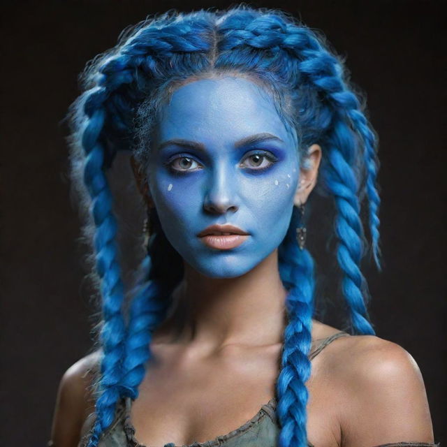 The described Navi woman, now with slanted, mystic eyes and extremely messy, unkempt braids that fly wildly, adding a rebellious charm to her character. Her radiant blue skin contrasts with her untamed hairstyle.