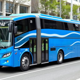 A blue articulated bus with an accordion joint, featuring two sections