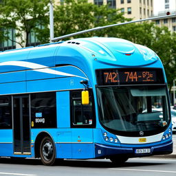 A city articulated bus with a blue color scheme, featuring white curved lines on the sides of the roof