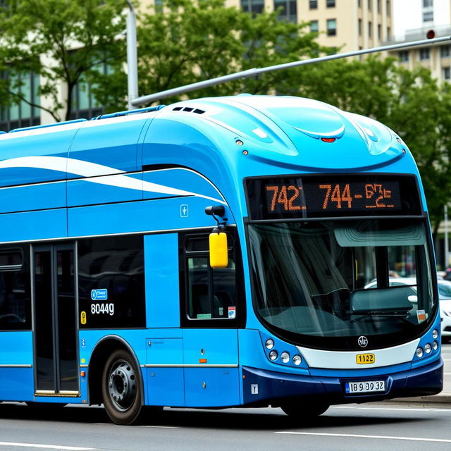 A city articulated bus with a blue color scheme, featuring white curved lines on the sides of the roof