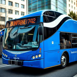 A city articulated bus with a blue color scheme, featuring white curved lines on the sides of the roof