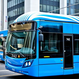 A city articulated bus with a blue color scheme, featuring white curved lines on the sides of the roof