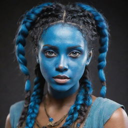 The described Navi woman, now with slanted, mystic eyes and extremely messy, unkempt braids that fly wildly, adding a rebellious charm to her character. Her radiant blue skin contrasts with her untamed hairstyle.