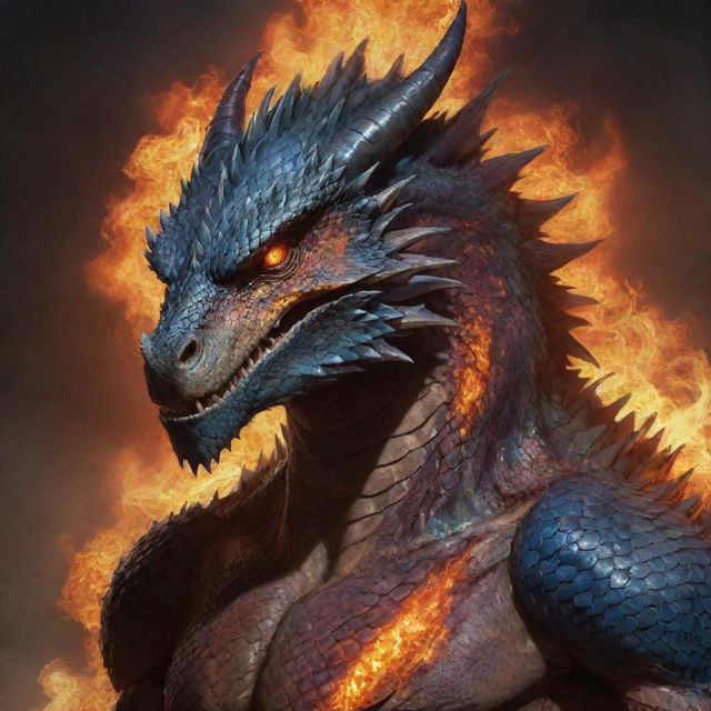 A powerful weredragon, half-human, half-dragon, showing dragon scales merging with human skin, its eyes flaring with draconic energy.