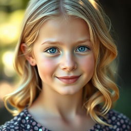 A stunning realistic portrait of a girl with blonde hair and striking blue eyes, illuminated by soft natural lighting